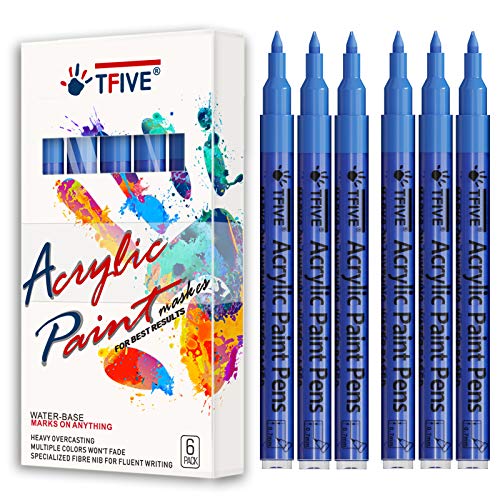 TFIVE Blue Marker Paint Pens - 6 Pack Acrylic Permanent Marker, 0.7mm Extra Fine Tip Waterproof Blue Paint Markers for Art Project, Rock, Ceramic, Glass, Wood, Plastic, Metal, Canvas, DIY Craft - Image 1