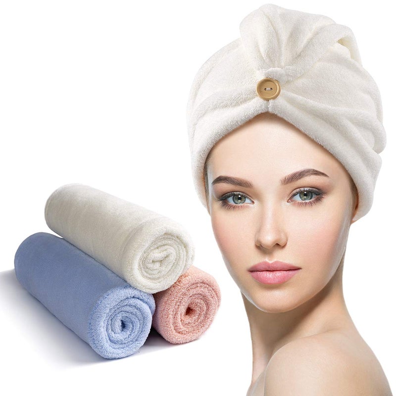YFONG 3 Pack Microfiber Hair Towel Wrap for Women Girls, Super Absorbent Turban Towels for Drying Wet Hair, Anti Frizz Head Towels for Curly All Hair Style, Turbie Twist (Blue, Pink, White) - Image 1