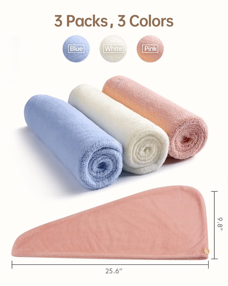 YFONG 3 Pack Microfiber Hair Towel Wrap for Women Girls, Super Absorbent Turban Towels for Drying Wet Hair, Anti Frizz Head Towels for Curly All Hair Style, Turbie Twist (Blue, Pink, White) - Image 5