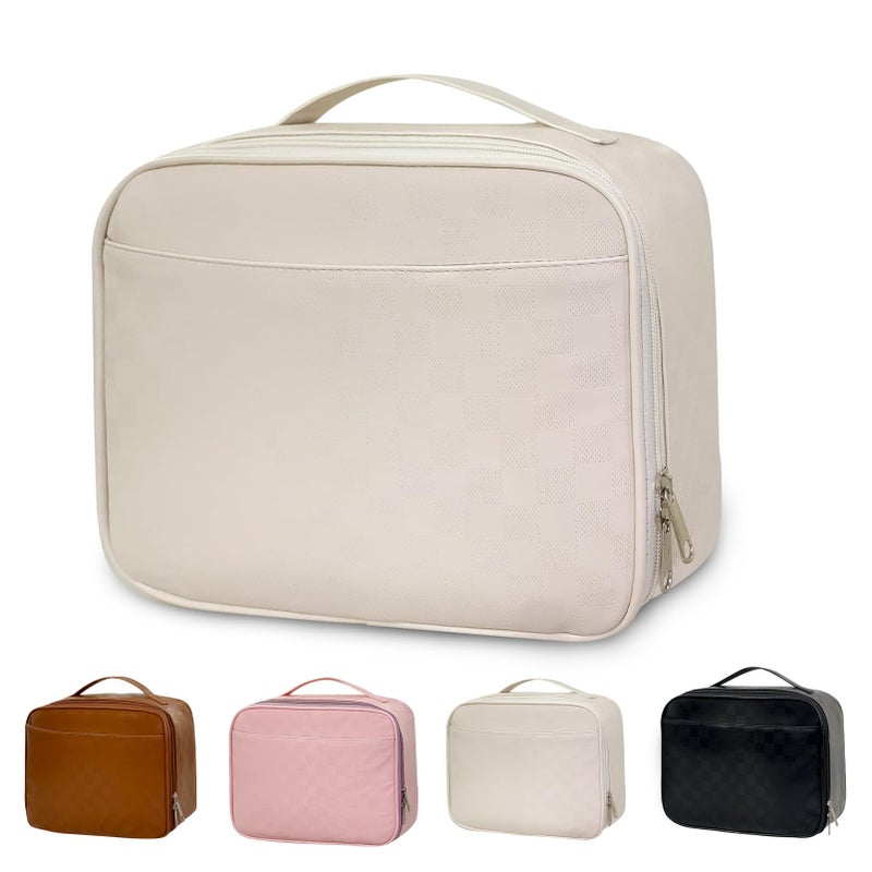 Mziart Insulated Lunch Bag for Women Men Reusable Lunch Box PU Leather Lunch Tote Bag Cooler Bag Meal Prep Containers with Exterior  Interior Mesh Pockets for Work Picnic Beach Travel Beige White