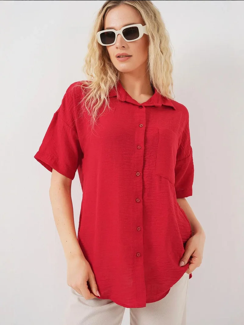 بيغ دارت قميص كتان بقصة فضفاضة بأزرار وجيب
