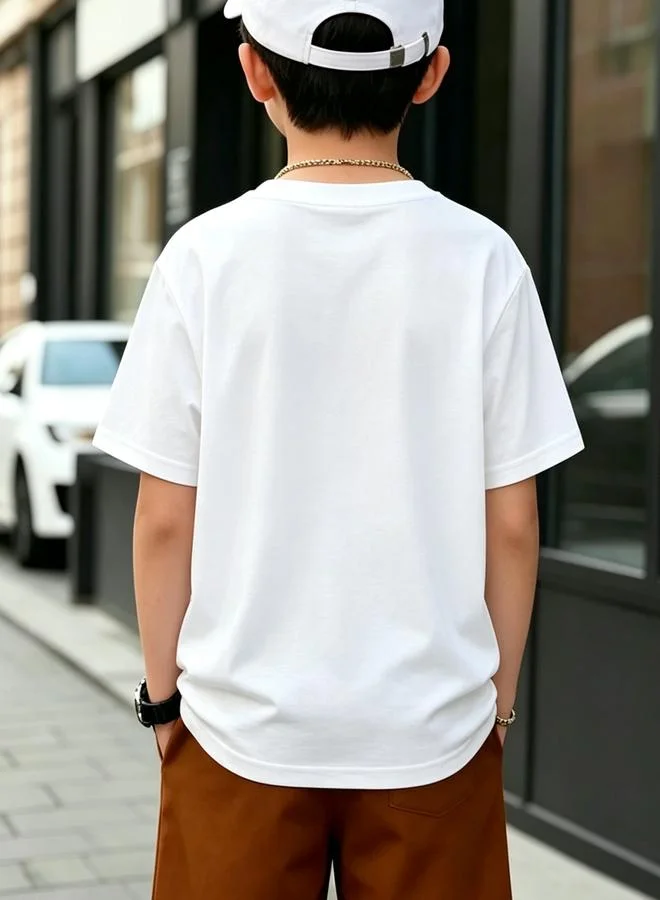 Take Two Boys White Cotton Round Neck T-Shirt with Star Graphic