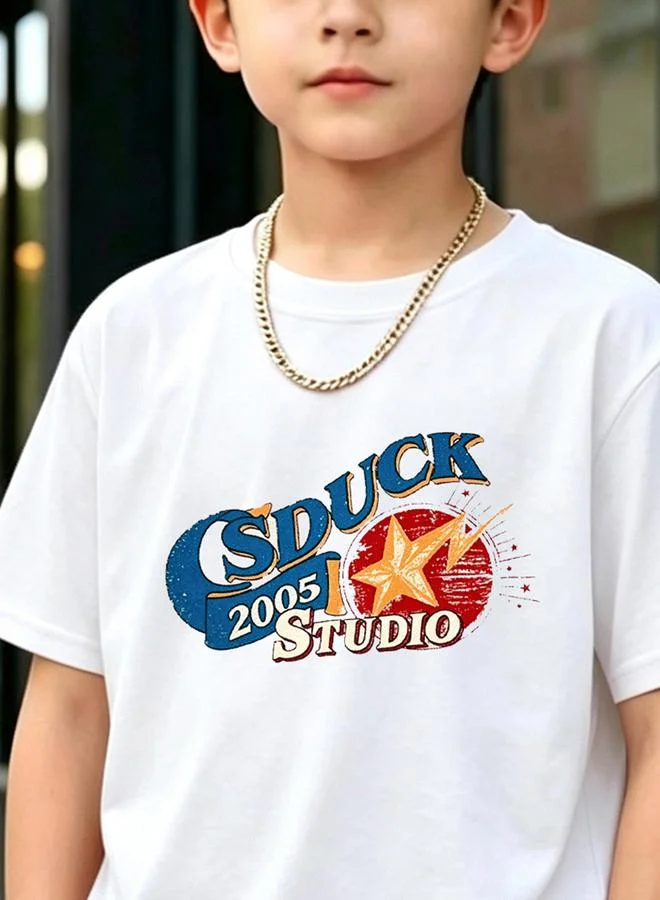 Take Two Boys White Cotton Round Neck T-Shirt with Star Graphic