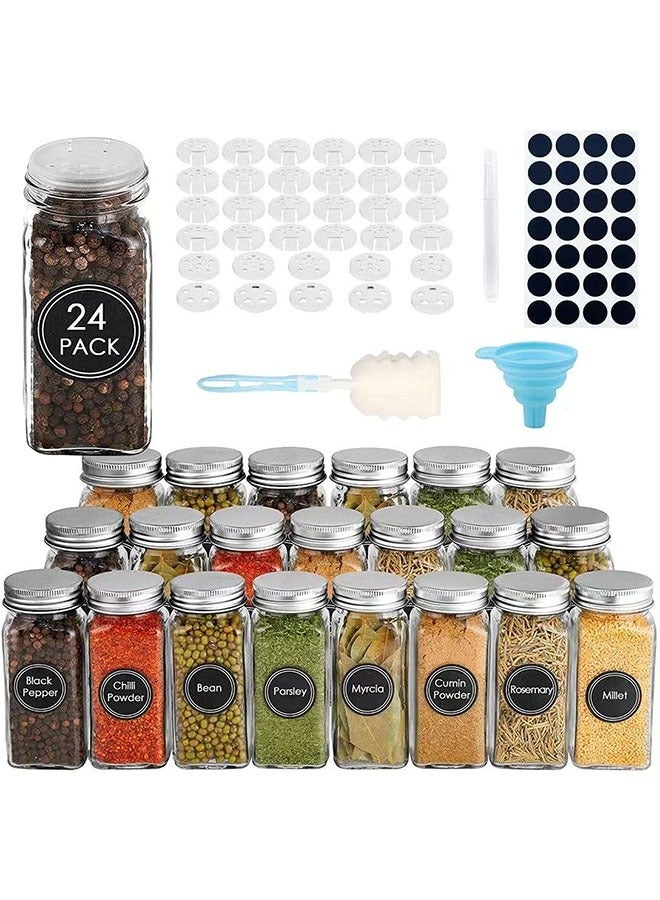 24 Pieces Glass Spice Jar Set,120ml Square Empty Spice Jar with Aluminum Lid Made of Glass with Label Sticker,Silicone Collapsible Funnel for Storing Seasonings/Spices - Image 1