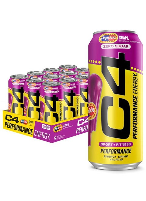 C4 Energy Drink x Grape Popsicle, Carbonated Sugar Free Pre Workout Performance Drink with no Artificial Colors or Dyes, 16 Oz, Pack of 12