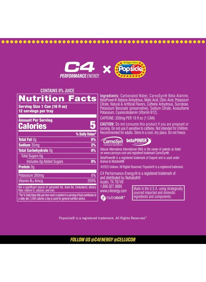 C4 Energy Drink x Grape Popsicle, Carbonated Sugar Free Pre Workout Performance Drink with no Artificial Colors or Dyes, 16 Oz, Pack of 12