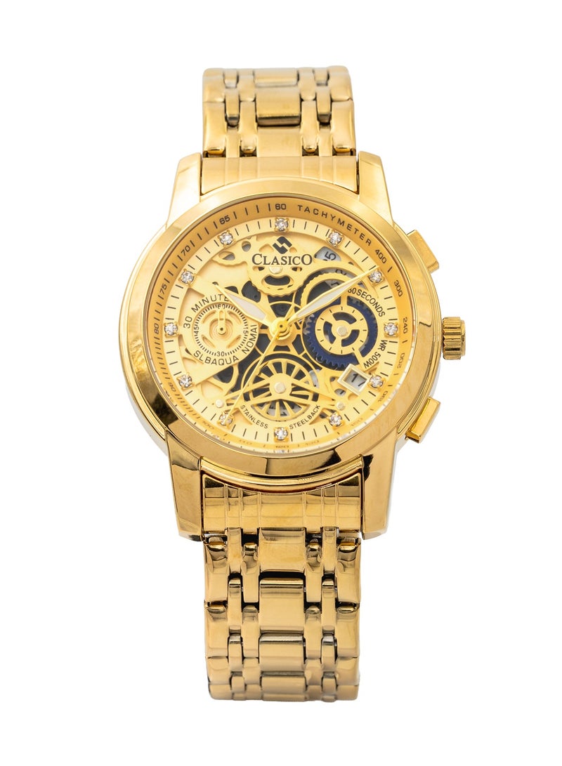 Clasico ساعة كرونوغراف للرجال بإصدار قرص هيكلي - ذهبية بالكامل - مع حزام فولاذي ناعم فاخر - تصميم مقاوم للماء - Image 1