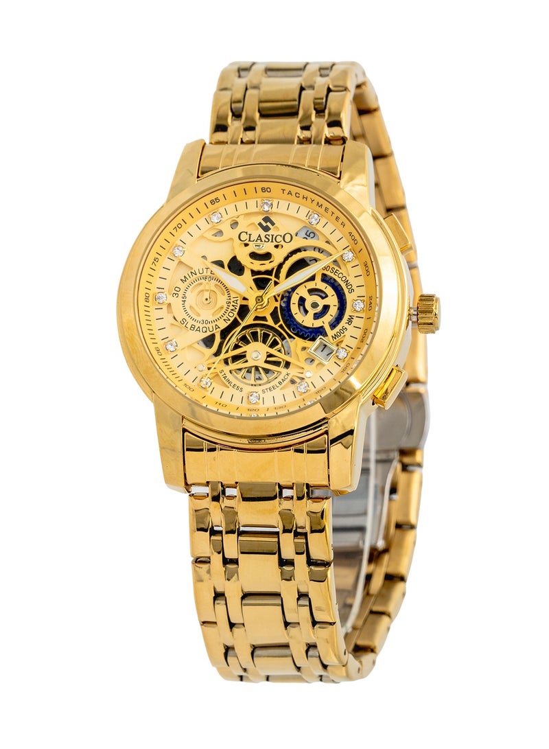 Clasico ساعة كرونوغراف للرجال بإصدار قرص هيكلي - ذهبية بالكامل - مع حزام فولاذي ناعم فاخر - تصميم مقاوم للماء - Image 2