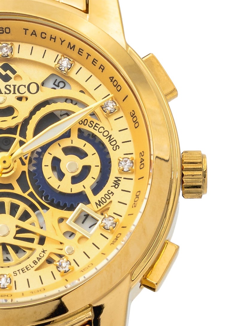 Clasico ساعة كرونوغراف للرجال بإصدار قرص هيكلي - ذهبية بالكامل - مع حزام فولاذي ناعم فاخر - تصميم مقاوم للماء - Image 3