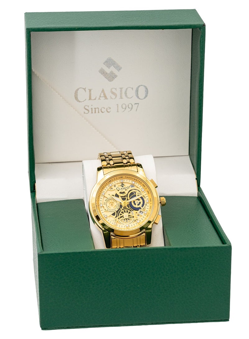 Clasico ساعة كرونوغراف للرجال بإصدار قرص هيكلي - ذهبية بالكامل - مع حزام فولاذي ناعم فاخر - تصميم مقاوم للماء - Image 5