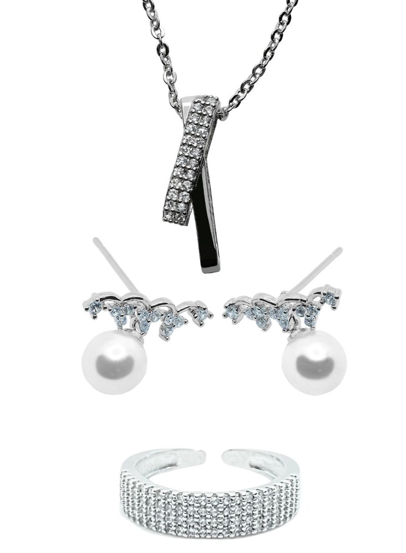 LMA' Luxury Silver Jewelry Set (Necklace, Earrings, Ring) for Women - Image 1