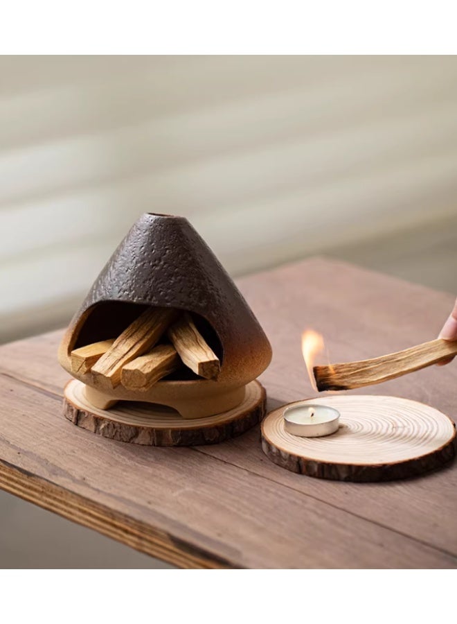 Ceramic Incense Fireplace Burner Set with Sandalwood Sticks 70g Arabic Bakhoor Burner Style Aromatherapy Fireplace Decor with Wooden Base Luxury Home Fragrance Incense Holder for Ramadan Eid Gift