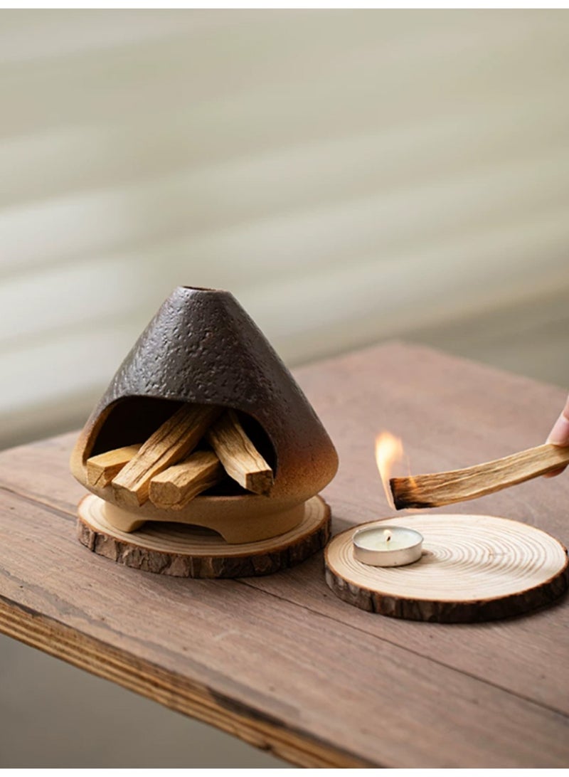 Aromancy Ceramic Incense Fireplace Burner Set with Sandalwood Sticks 80g Arabic Bakhoor Burner Style Aromatherapy Fireplace Decor with Wooden Base Luxury Home Fragrance Incense Holder for Ramadan Eid Gift - Image 1