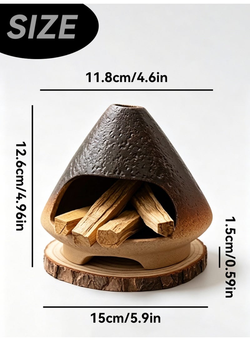 Aromancy Ceramic Incense Fireplace Burner Set with Sandalwood Sticks 80g Arabic Bakhoor Burner Style Aromatherapy Fireplace Decor with Wooden Base Luxury Home Fragrance Incense Holder for Ramadan Eid Gift - Image 3