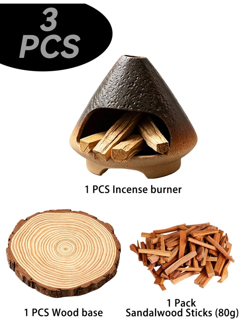 Aromancy Ceramic Incense Fireplace Burner Set with Sandalwood Sticks 80g Arabic Bakhoor Burner Style Aromatherapy Fireplace Decor with Wooden Base Luxury Home Fragrance Incense Holder for Ramadan Eid Gift - Image 2