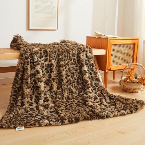 XeGe Luxury Faux Fur Leopard Print Throw, Soft 50x60 Cheetah Print Fluffy Blanket, Shaggy Plush Decorative Couch Throw, Cute Furry Fuzzy Animal Print Blanket for Sofa Bed, Brown - Image 1