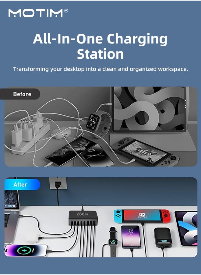 Motim - 268W GaN USB C Fast Charger, 8 Port Type C Fast Charging Station Hub, PD 100W Power Laptop Charger, Strip Adapter Plug Cube, Multiple Use 5 PD USB C 3 QC USB A for MacBook Air Sumsung S24 S23 S22 Ultra iPhone 15 14 13 iPad Pro - Image 1