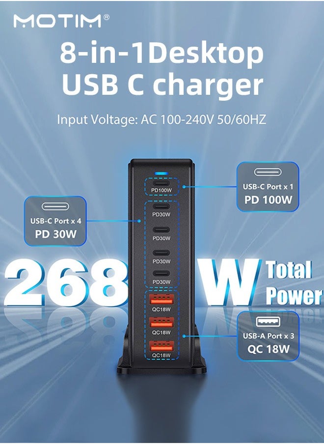 Motim - 268W GaN USB C Fast Charger, 8 Port Type C Fast Charging Station Hub, PD 100W Power Laptop Charger, Strip Adapter Plug Cube, Multiple Use 5 PD USB C 3 QC USB A for MacBook Air Sumsung S24 S23 S22 Ultra iPhone 15 14 13 iPad Pro - Image 1