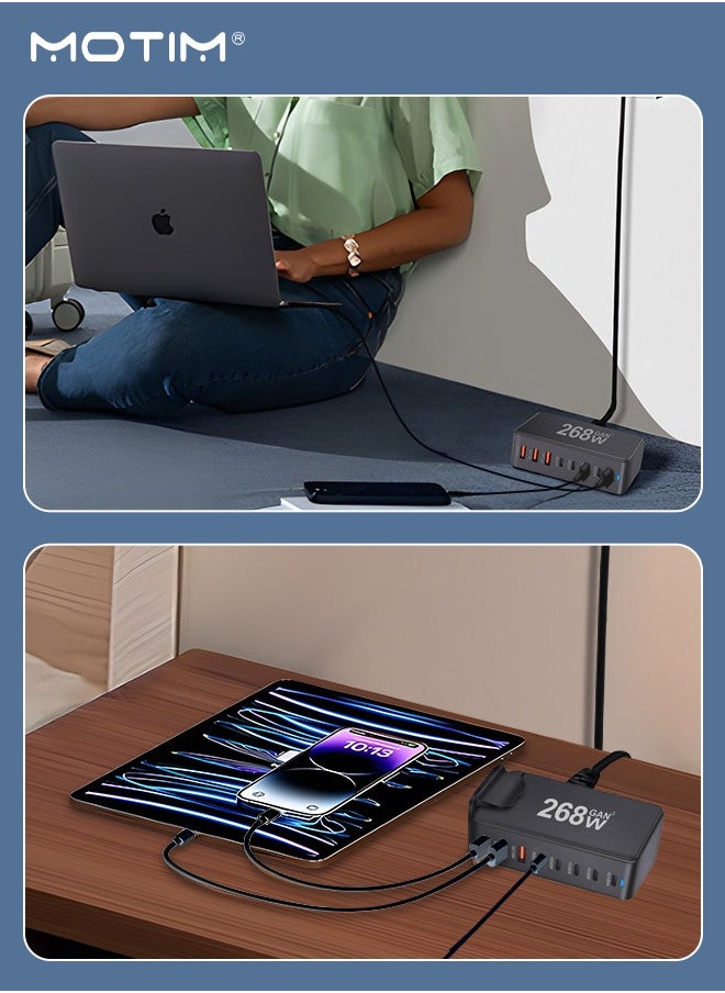 Motim - 268W GaN USB C Fast Charger, 8 Port Type C Fast Charging Station Hub, PD 100W Power Laptop Charger, Strip Adapter Plug Cube, Multiple Use 5 PD USB C 3 QC USB A for MacBook Air Sumsung S24 S23 S22 Ultra iPhone 15 14 13 iPad Pro - Image 1
