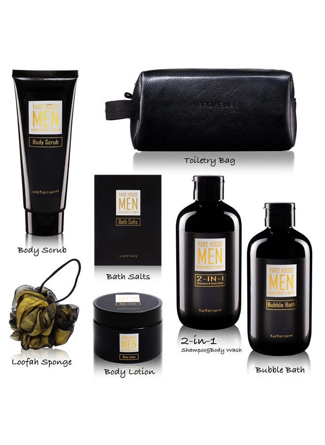 Yard House - YARD HOUSE Bath and Body Spa Gift Baskets Set for Men - Sandalwood Amber - 7Pc Spa Kit w. Full Size Items in Leather Toiletry Bag - Fathers Day Birthday Gifts For Husband, Dad From Wife, Daughter Son - Image 1