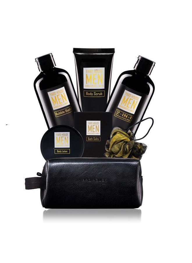 Yard House - YARD HOUSE Bath and Body Spa Gift Baskets Set for Men - Sandalwood Amber - 7Pc Spa Kit w. Full Size Items in Leather Toiletry Bag - Fathers Day Birthday Gifts For Husband, Dad From Wife, Daughter Son - Image 1