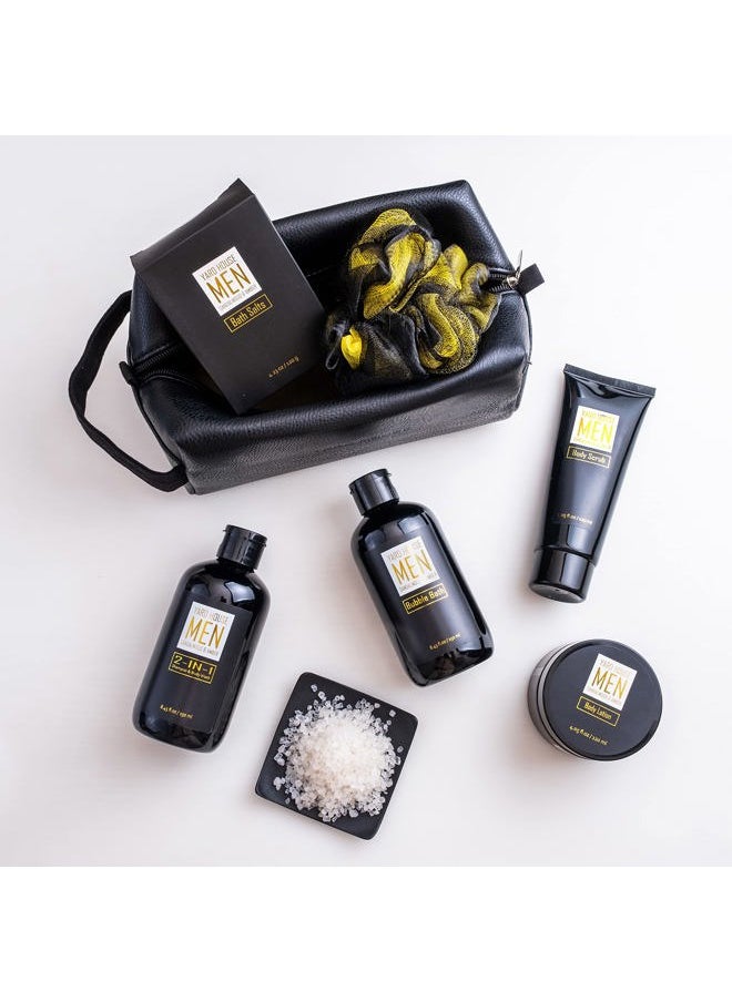 Yard House - YARD HOUSE Bath and Body Spa Gift Baskets Set for Men - Sandalwood Amber - 7Pc Spa Kit w. Full Size Items in Leather Toiletry Bag - Fathers Day Birthday Gifts For Husband, Dad From Wife, Daughter Son - Image 1