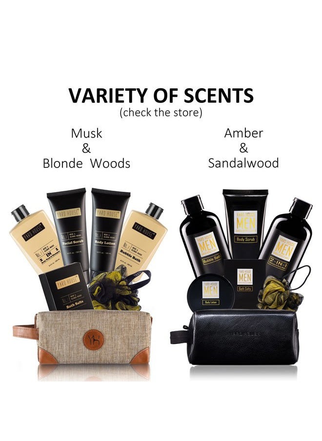 Yard House - YARD HOUSE Bath and Body Spa Gift Baskets Set for Men - Sandalwood Amber - 7Pc Spa Kit w. Full Size Items in Leather Toiletry Bag - Fathers Day Birthday Gifts For Husband, Dad From Wife, Daughter Son - Image 1