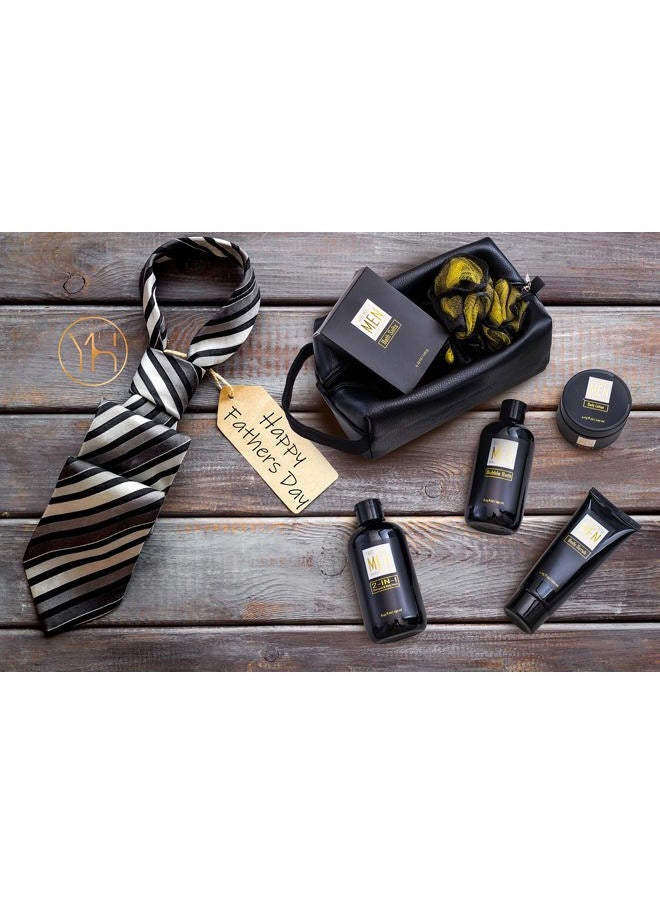 Yard House - YARD HOUSE Bath and Body Spa Gift Baskets Set for Men - Sandalwood Amber - 7Pc Spa Kit w. Full Size Items in Leather Toiletry Bag - Fathers Day Birthday Gifts For Husband, Dad From Wife, Daughter Son - Image 1