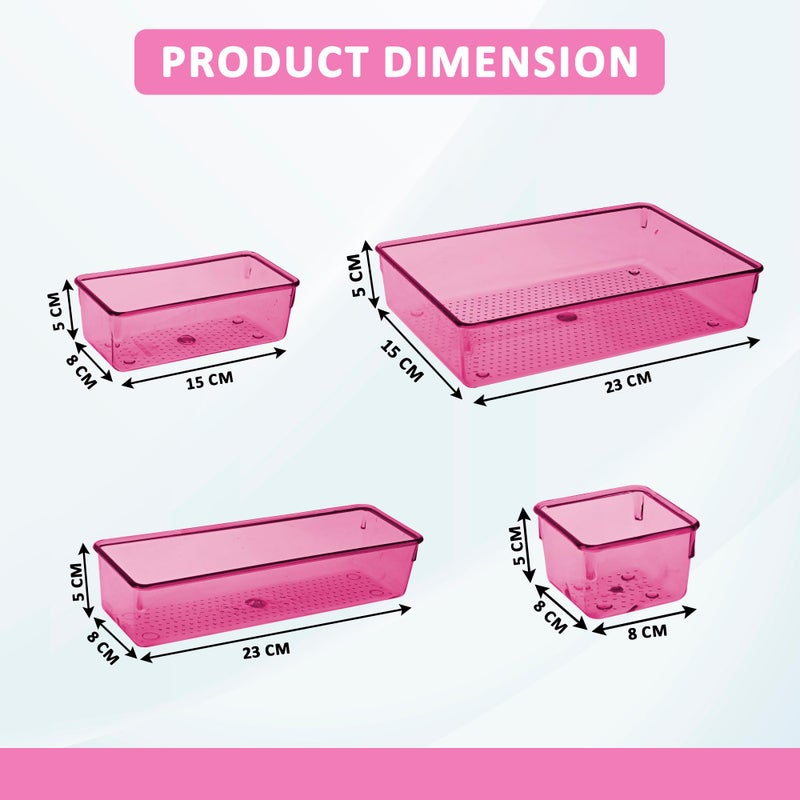 Kuber Industries 24 Pcs Acrylic Transparent Cosmetic Organizer Tray | Drawers Organisers for Kitchen, Office and Bathroom Vanity Makeup | Stationery Storage Drawer Divider Tray | Pink - Image 3