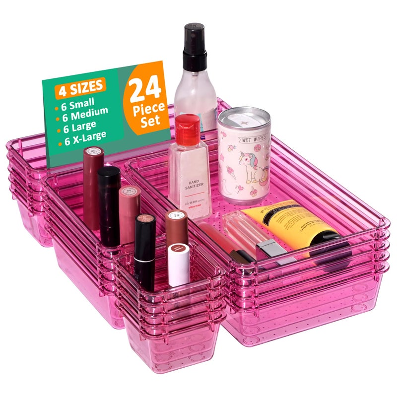 Kuber Industries 24 Pcs Acrylic Transparent Cosmetic Organizer Tray | Drawers Organisers for Kitchen, Office and Bathroom Vanity Makeup | Stationery Storage Drawer Divider Tray | Pink - Image 1