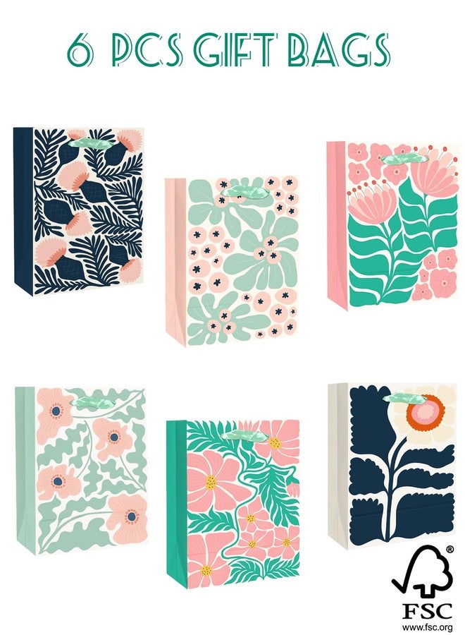 qiqee Medium Paper Gift Bags with Tissue Paper Handles 6PCS Springtime Flowers Cardboard Floral Gift Bags for Women Mom Grandma Party Supply (6PCS Bags+Tissue Paper - Image 2
