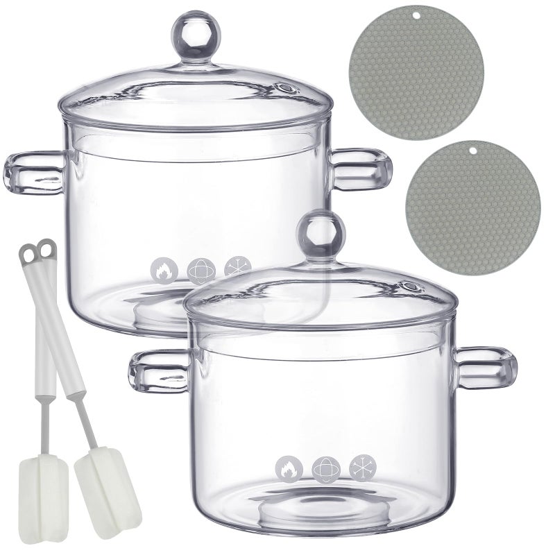 Tioncy 2 Pcs Clear Glass Pots for Cooking on Stove 13 L 44 oz Glass Saucepan with Lid Handle Simmer Pot Handmade Cookware Borosilicate Cooking Pot with Brushes and Silicone MatsModern