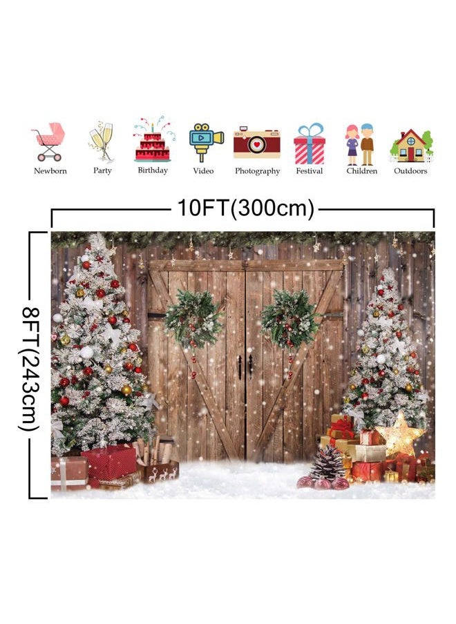 Felortte - 10x8FT Polyester Fabric Winter Christmas Rustic Barn Wood Door Photography Backdrop Xmas Tree Snow Background Banner for Family Holiday Party Decoration Supplies Photo Studio Props Pictures - Image 1
