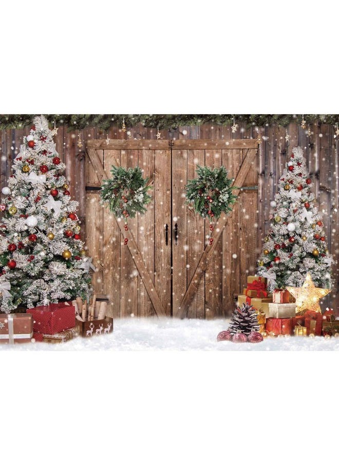 Felortte - 10x8FT Polyester Fabric Winter Christmas Rustic Barn Wood Door Photography Backdrop Xmas Tree Snow Background Banner for Family Holiday Party Decoration Supplies Photo Studio Props Pictures - Image 1