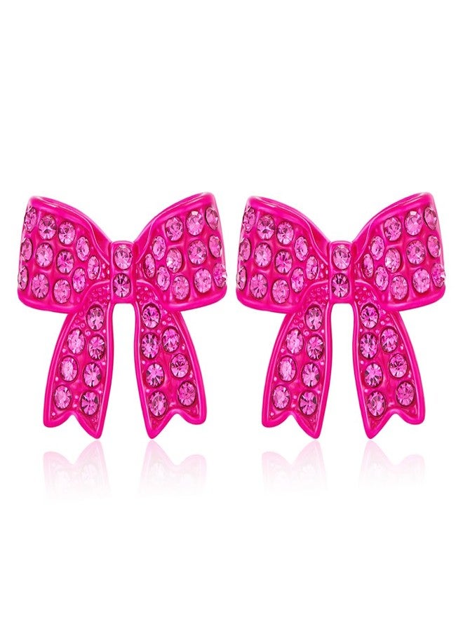 FAUTHENTICUTE Pink Bow Earrings For Women Small Bow Studs With Rhinestones Hypoallergenic Statement Earrings - Image 1