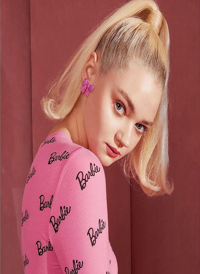 FAUTHENTICUTE Pink Bow Earrings For Women Small Bow Studs With Rhinestones Hypoallergenic Statement Earrings - Image 2
