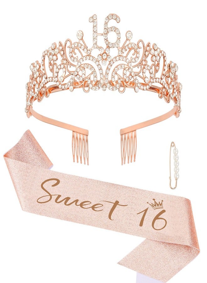 Semato Sweet 16 Party Decorations Set - Rose Gold 16th Birthday Crown and Sweet 16 Sash Glitter Kit for Girls Birthday Happy Birthday Girl Tiara Birthday Party Supplies and Favors - Image 1