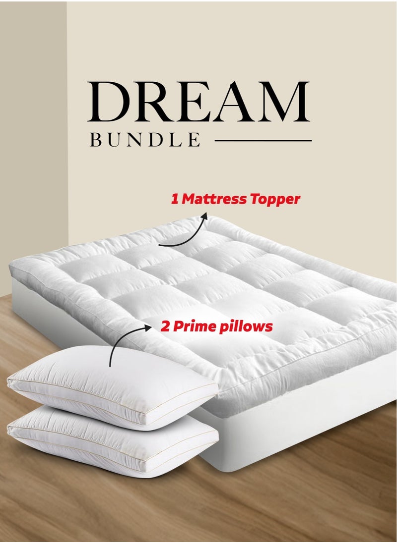 Asraar - Dream Bundle 3-Piece Set – Includes 1 Mattress Topper 140 x 200cm and 2 Prime Pillows 75 x 50cm – Luxurious Bedding Set for Ultimate Comfort – Perfect for Revitalizing Sleep – Soft Pillows with a Plush Mattress Topper – Ideal for All-Season Bedding - Image 1