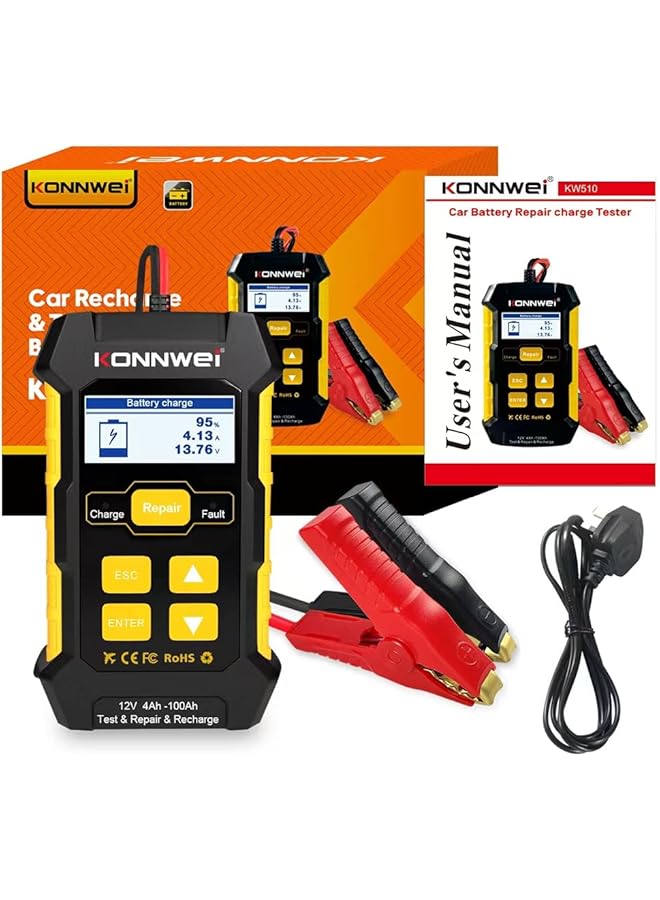 كونوي شاحن بطارية سيارة 3 في 1، جهاز اختبار بطارية السيارة، شاحن ذكي أوتوماتيكي بالكامل 12 فولت 5 أمبير، صيانة إصلاح نبضات السيارات، شاحن بطيء، مزيل كبريتات البطارية مع تعويض درجة الحرارة، جل حمض الرصاص الجاف الرطب AGM - Image 1