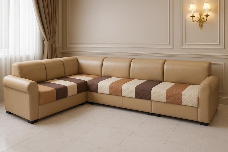 KINGLY Tariff Brown Stripes Quilted Velvet L-Shape Sofa Cover - L-Shape 6-Seater (3+3) - Warm Earthy Tone - Premium Touch - Washable Quick-Dry - Seat-Only Protector - Couch Cover - Non-Fading Color - Image 1