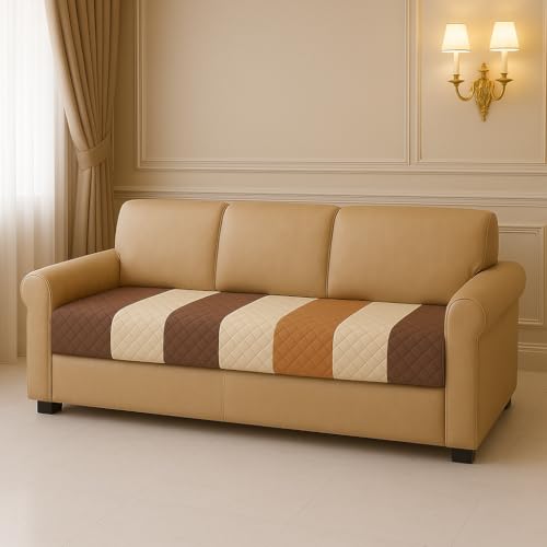 KINGLY Tariff Brown Stripes Quilted Velvet L-Shape Sofa Cover - L-Shape 6-Seater (3+3) - Warm Earthy Tone - Premium Touch - Washable Quick-Dry - Seat-Only Protector - Couch Cover - Non-Fading Color - Image 2