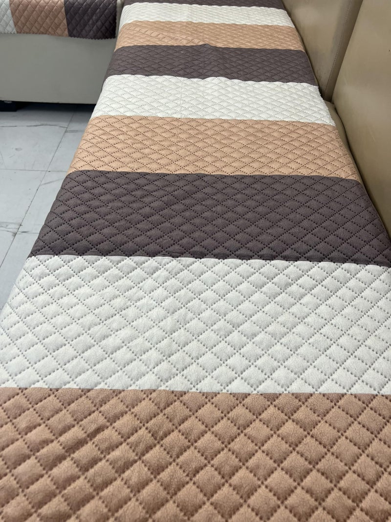 KINGLY Tariff Brown Stripes Quilted Velvet L-Shape Sofa Cover - L-Shape 6-Seater (3+3) - Warm Earthy Tone - Premium Touch - Washable Quick-Dry - Seat-Only Protector - Couch Cover - Non-Fading Color - Image 5