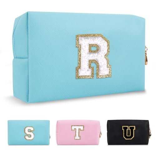 Small Personalized Initial AZ Preppy Patch Makeup BagPU Chenille Letter Travel Cosmetic Pouch with ZipperBlue Cute Toiletry BagGift Ideal for Teen Girls Women Teacher BridesmaidLetter R