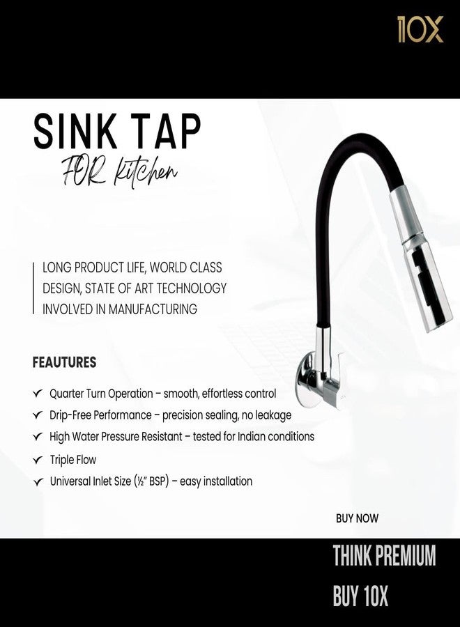 10X Brass Kitchen Sink Tap ST-75021 Flexible Neck Black Triple Flow 3 Function Shower Flow/Foam Flow/Anit Splash Wall Mount - Image 2