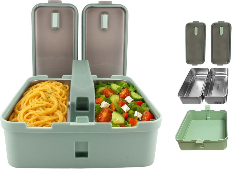 BrainGiggles Stainless Steel Lunch Box with 2 Compartments and Handle - BPA Free, Leak Proof Bento for Adults, Kids - Tiffin for Office, School (Green) - Image 2