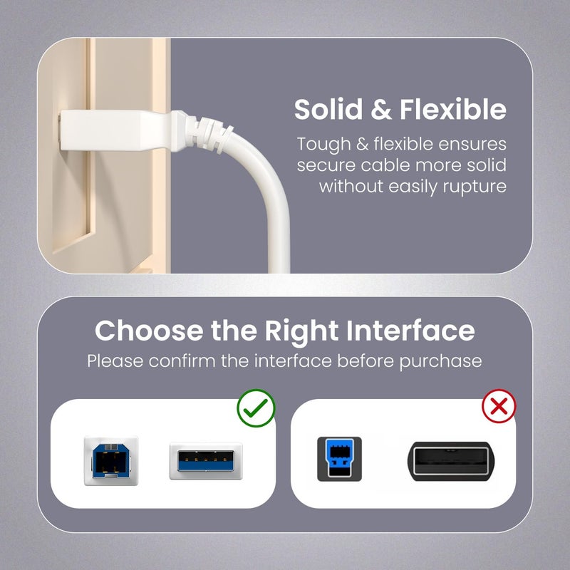 Portronics PrintLink 3 Printer Cable with USB Type-A to USB Type-B Male Connectors, 3 Meters / 10 Ft Long, High-Speed Transfer Cord for Printers & Scanners (White) - Image 2