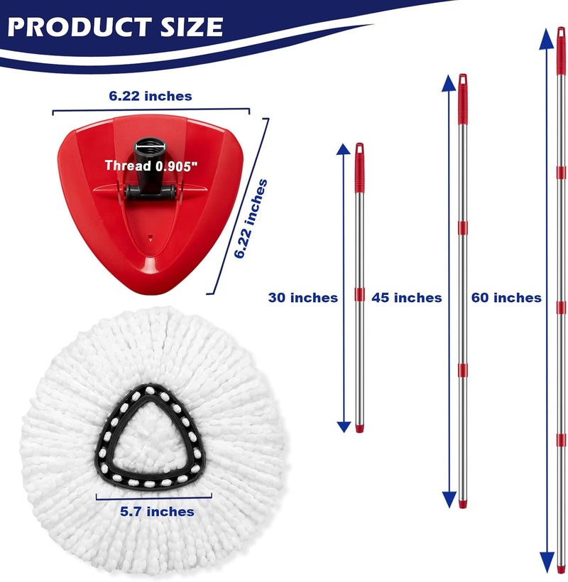 TIDYKITC Spin Mop Replacement Set for O-Cedar EasyWring 1-Tank System, Mop Head Replacement, Adjustable 30-58" Handle, Base & 2 Microfiber Refills - Image 3