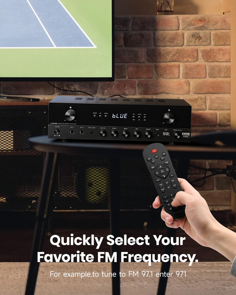 Donner Stereo Audio Amplifier, 600W Peak 2 Channel Receiver with Bluetooth 5.3, Phono, Optical, Coaxial, USB, FM, 2 Mic-in, Aux, RCA Input for Home, Karaoke, Theater Speakers, MAMP2 - Image 4