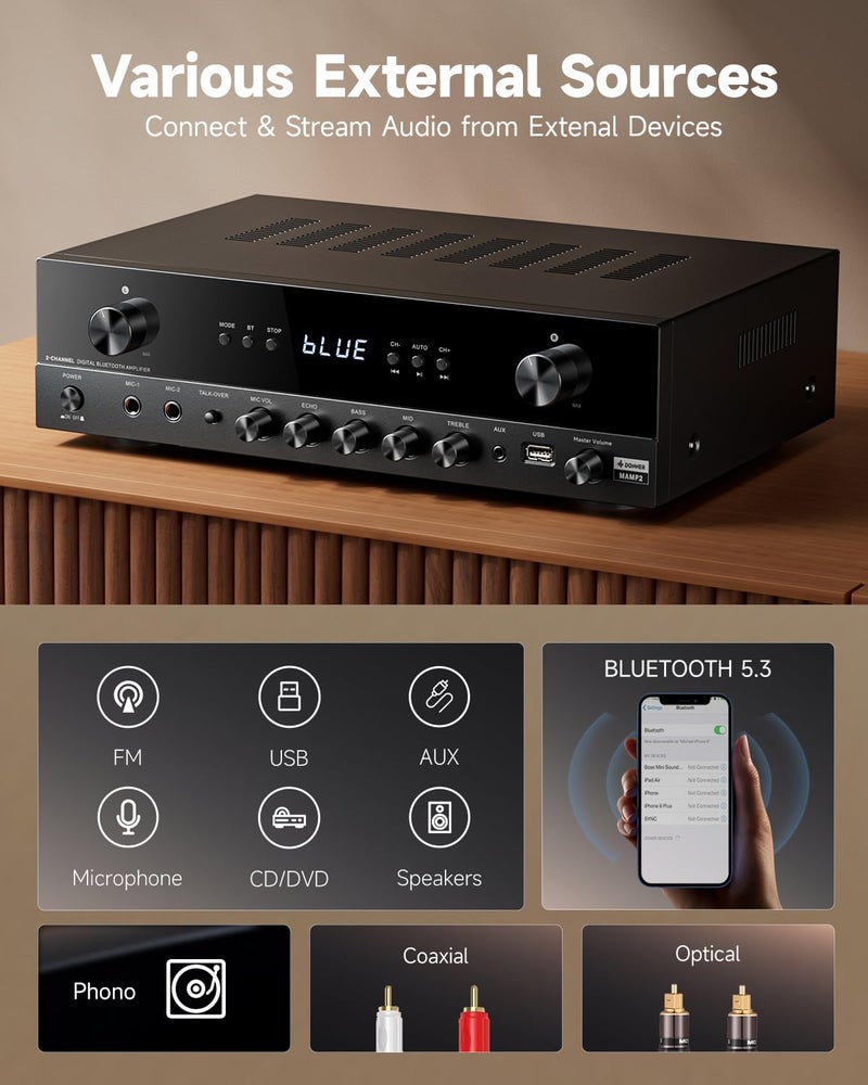 Donner Stereo Audio Amplifier, 600W Peak 2 Channel Receiver with Bluetooth 5.3, Phono, Optical, Coaxial, USB, FM, 2 Mic-in, Aux, RCA Input for Home, Karaoke, Theater Speakers, MAMP2 - Image 3