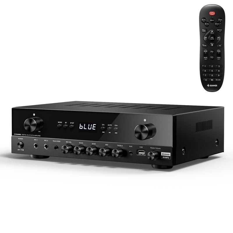 Donner Stereo Audio Amplifier, 600W Peak 2 Channel Receiver with Bluetooth 5.3, Phono, Optical, Coaxial, USB, FM, 2 Mic-in, Aux, RCA Input for Home, Karaoke, Theater Speakers, MAMP2 - Image 1